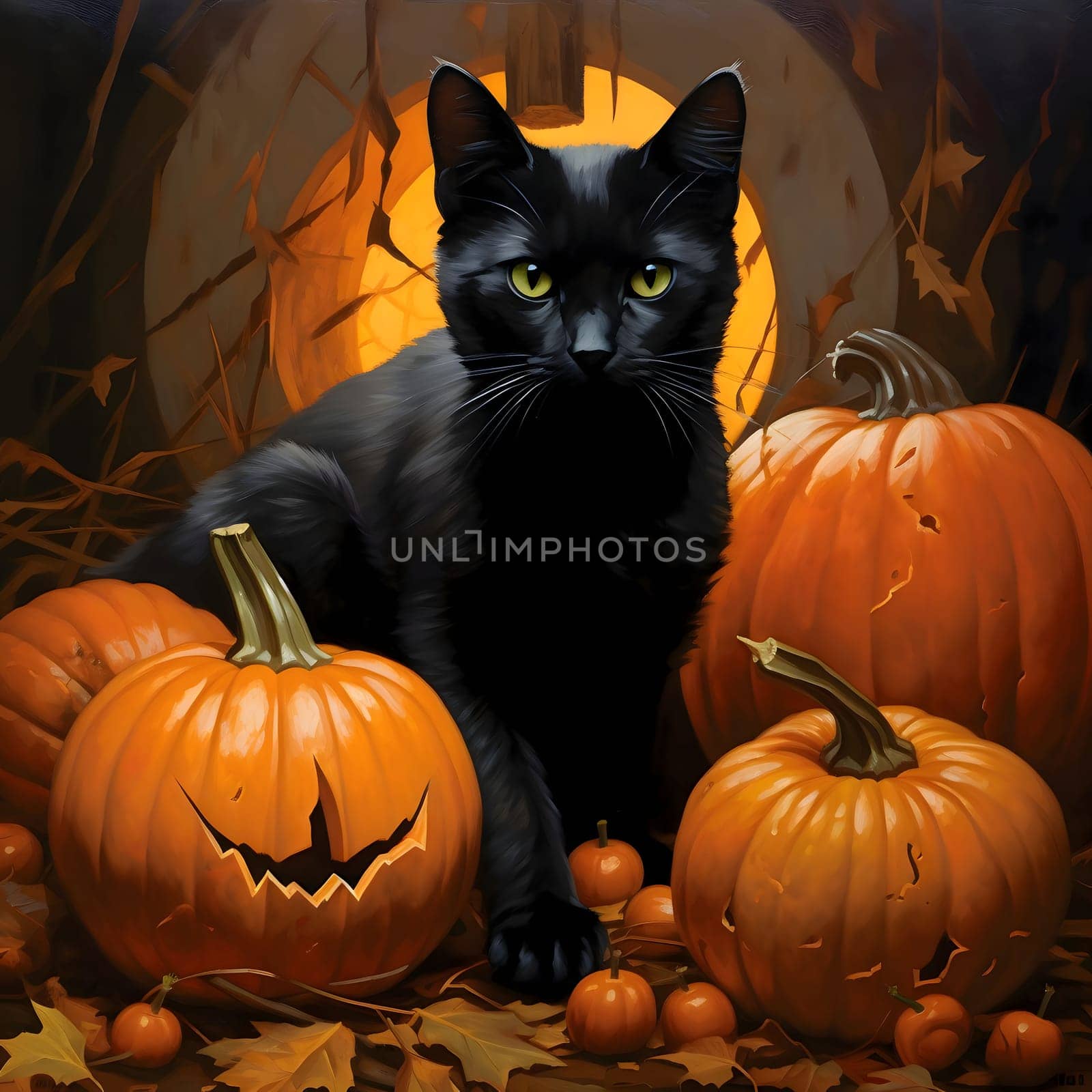 Black cat around the pumpkins, a Halloween image. Atmosphere of darkness and fear.