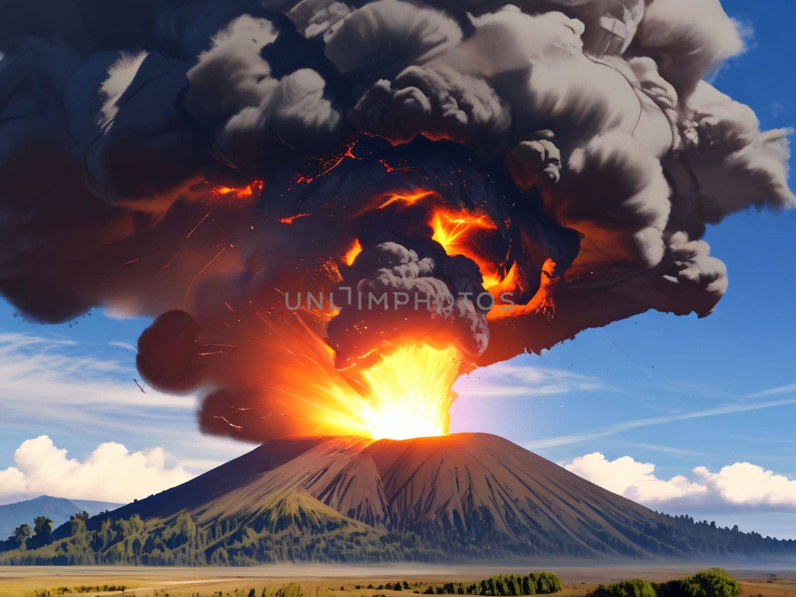 ancient volcano eruption with giant ash cloud and burst of molten lava, volcano eruption with massive high bursts of lava and hot clouds soaring high into the sky, pyroclastic flow in the crust of earth