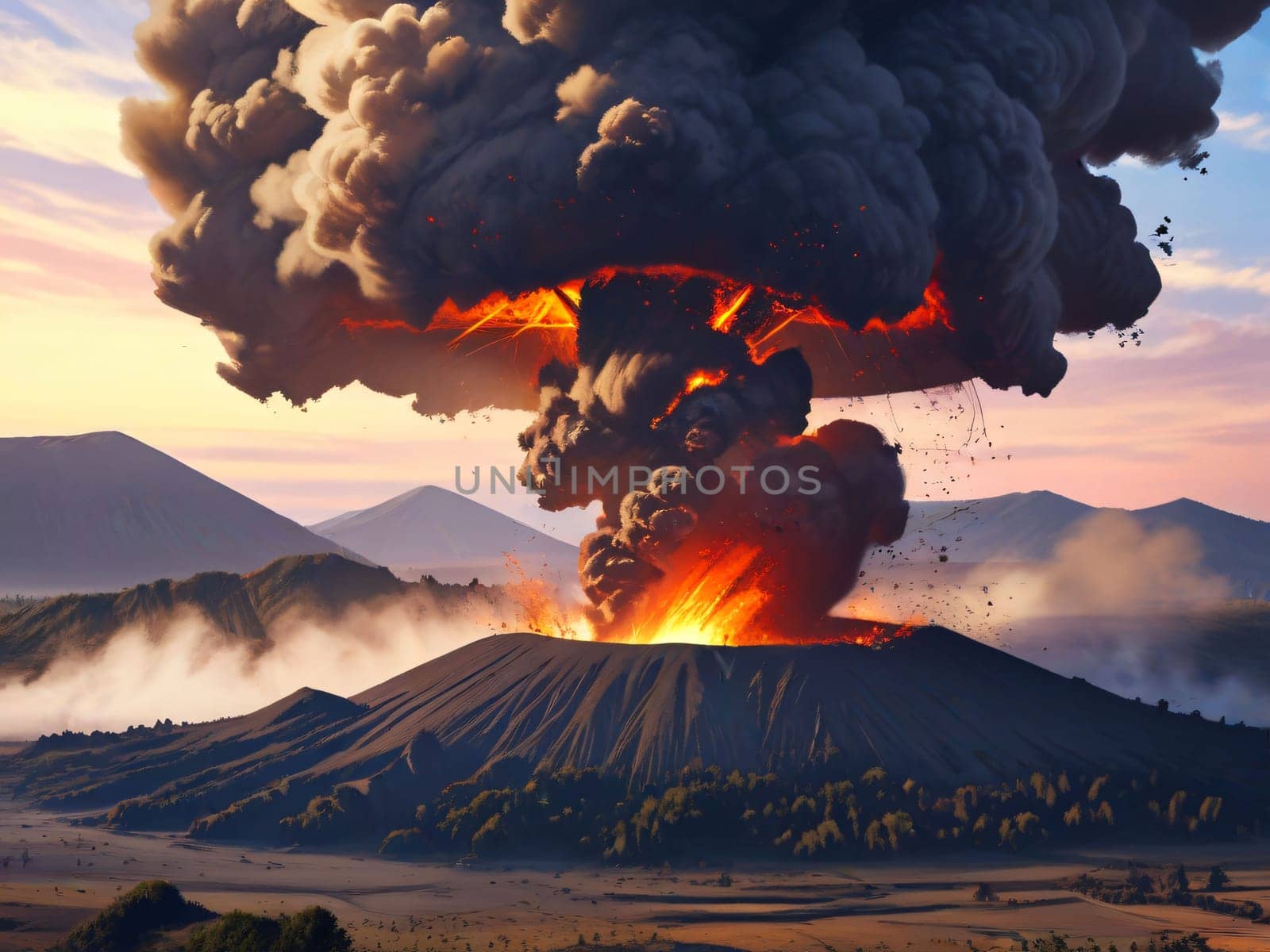 ancient volcano eruption with giant ash cloud and burst of molten lava, volcano eruption with massive high bursts of lava and hot clouds soaring high into the sky, pyroclastic flow in the crust of earth