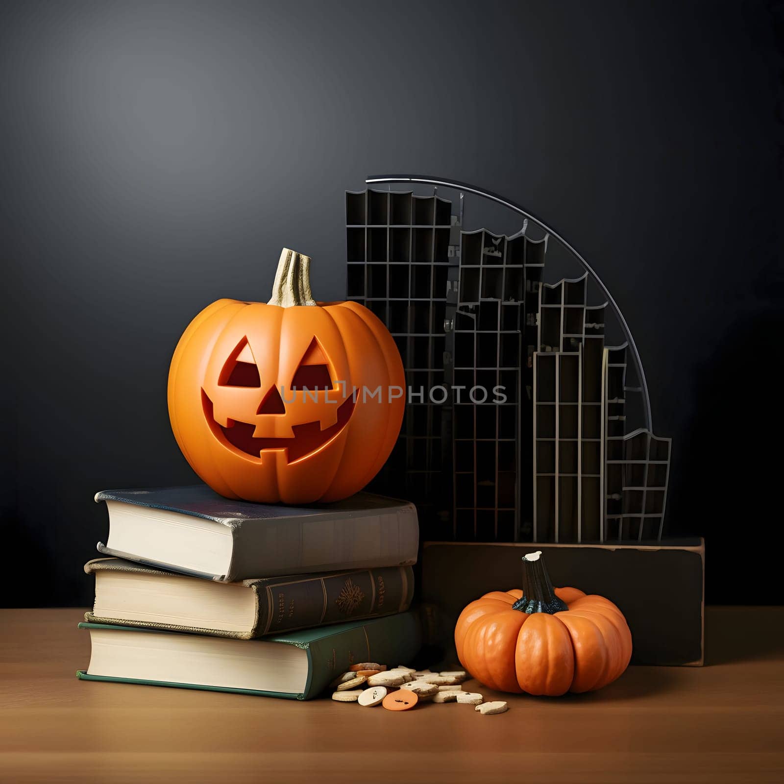 Jack-o-lantern pumpkin on a table on three books, a Halloween image. Atmosphere of darkness and fear.