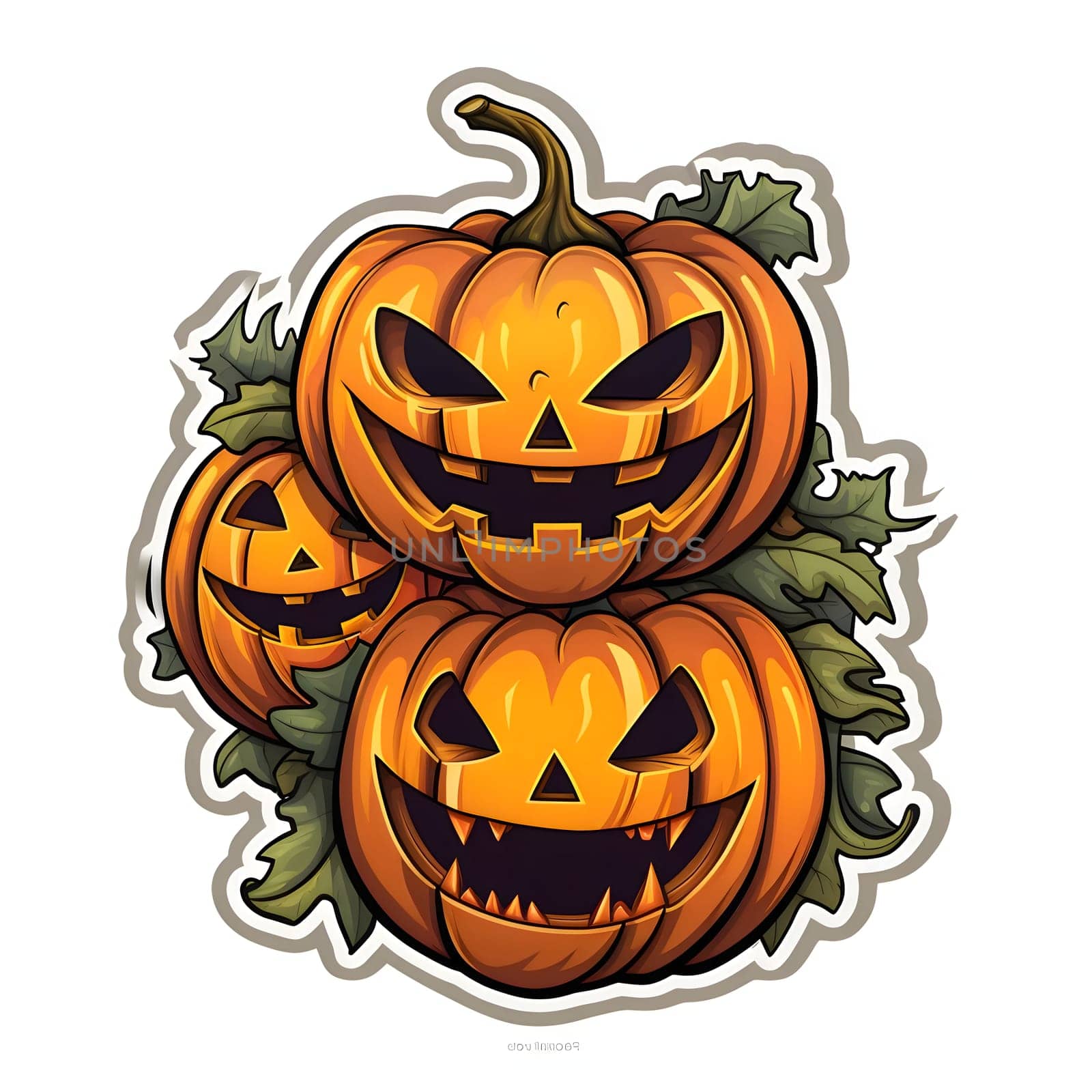 Sticker three jack-o-lantern pumpkins, Halloween image on a white isolated background. Atmosphere of darkness and fear.