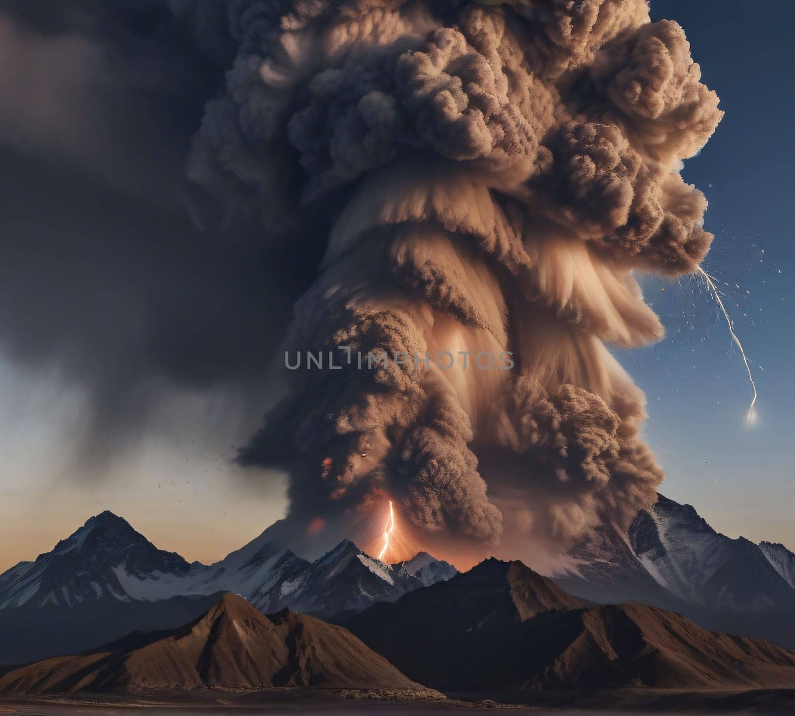 ancient volcano eruption with giant ash cloud and burst of molten lava, volcano eruption with massive high bursts of lava and hot clouds soaring high into the sky, pyroclastic flow in the crust of earth