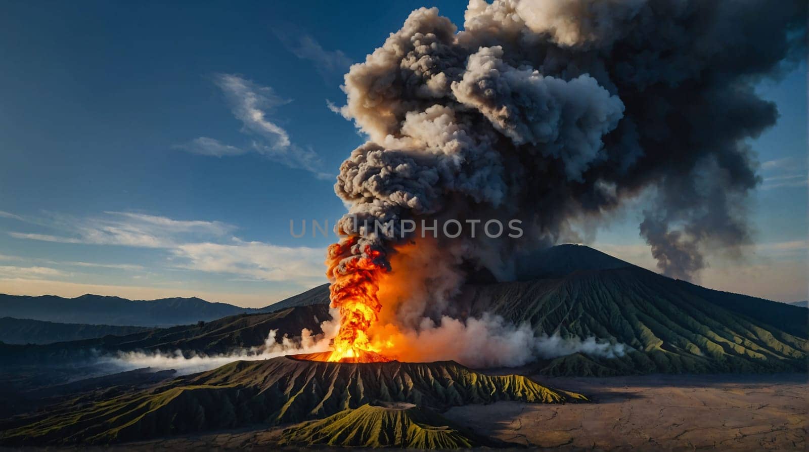 ancient volcano eruption with giant ash cloud and burst of molten lava, volcano eruption with massive high bursts of lava and hot clouds soaring high into the sky, pyroclastic flow in the crust of earth