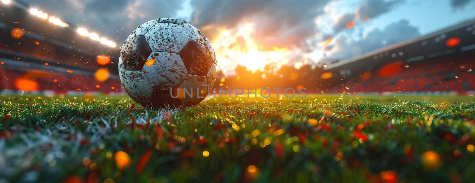 A soccer ball gracefully glides through the sky above the lush green grass of the soccer field, creating a beautiful scene in the natural landscape