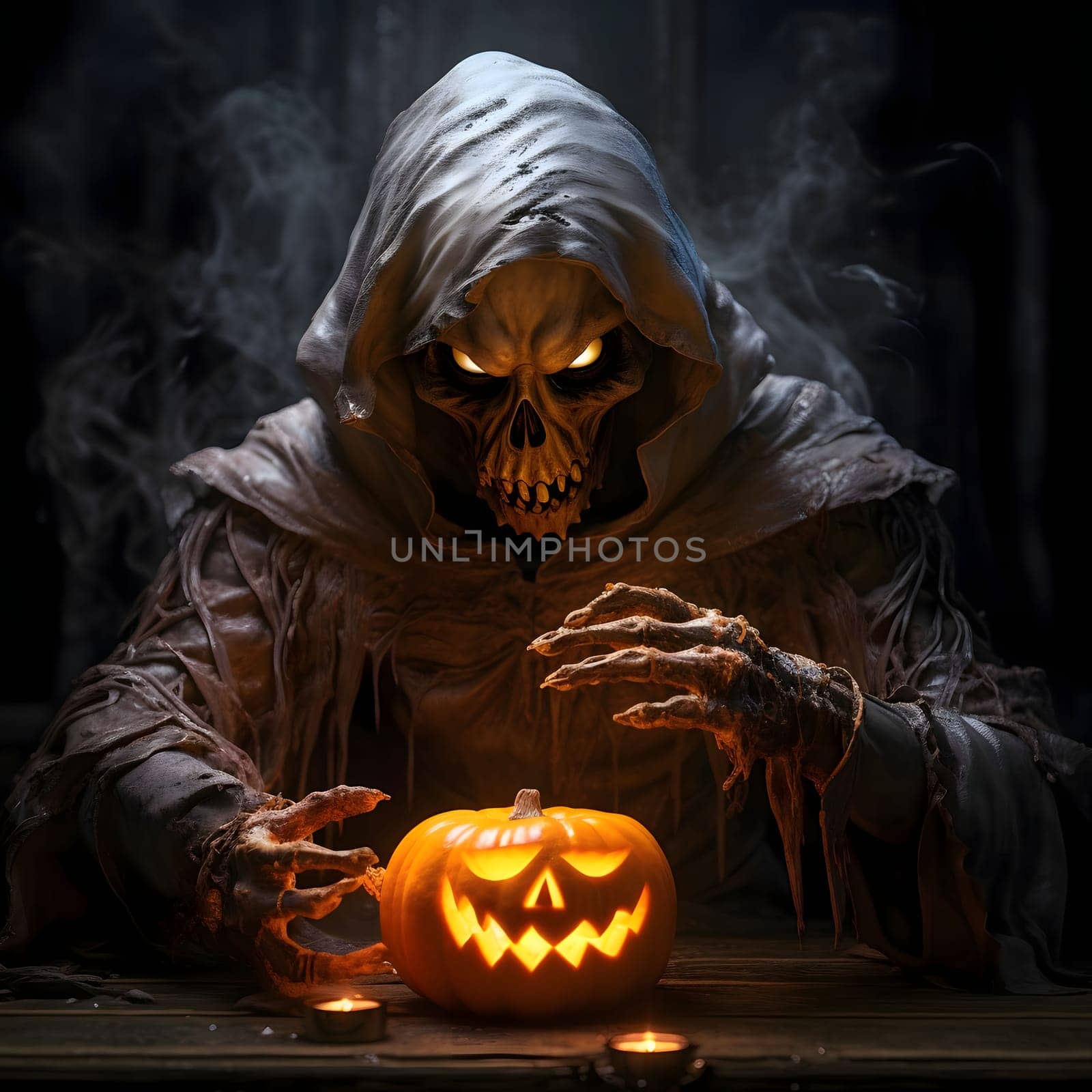 A dark skeleton in a fortune teller's cloak holding hands over a jack-o-lantern pumpkin, a Halloween image. by ThemesS