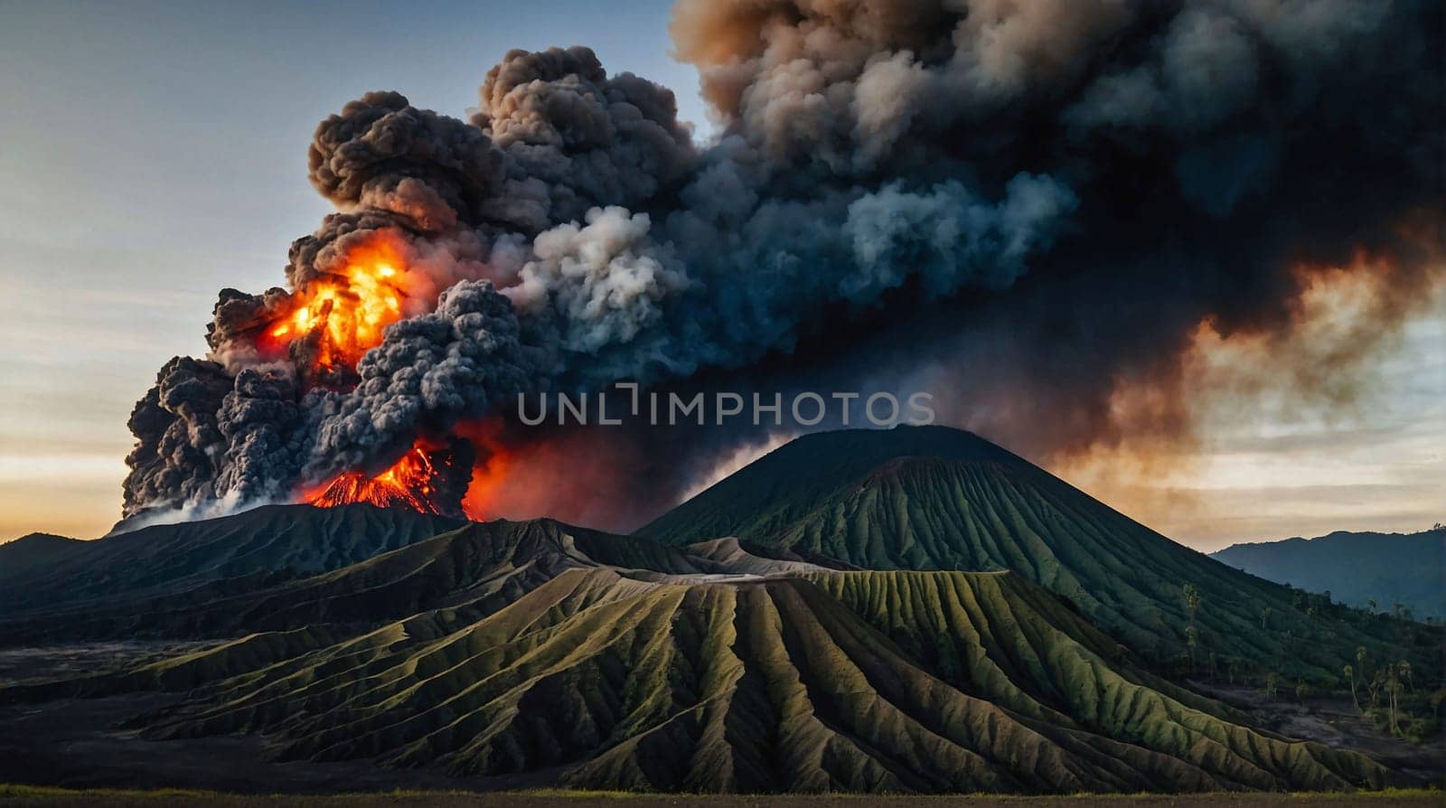 ancient volcano eruption with giant ash cloud and burst of molten lava, volcano eruption with massive high bursts of lava and hot clouds soaring high into the sky, pyroclastic flow in the crust of earth