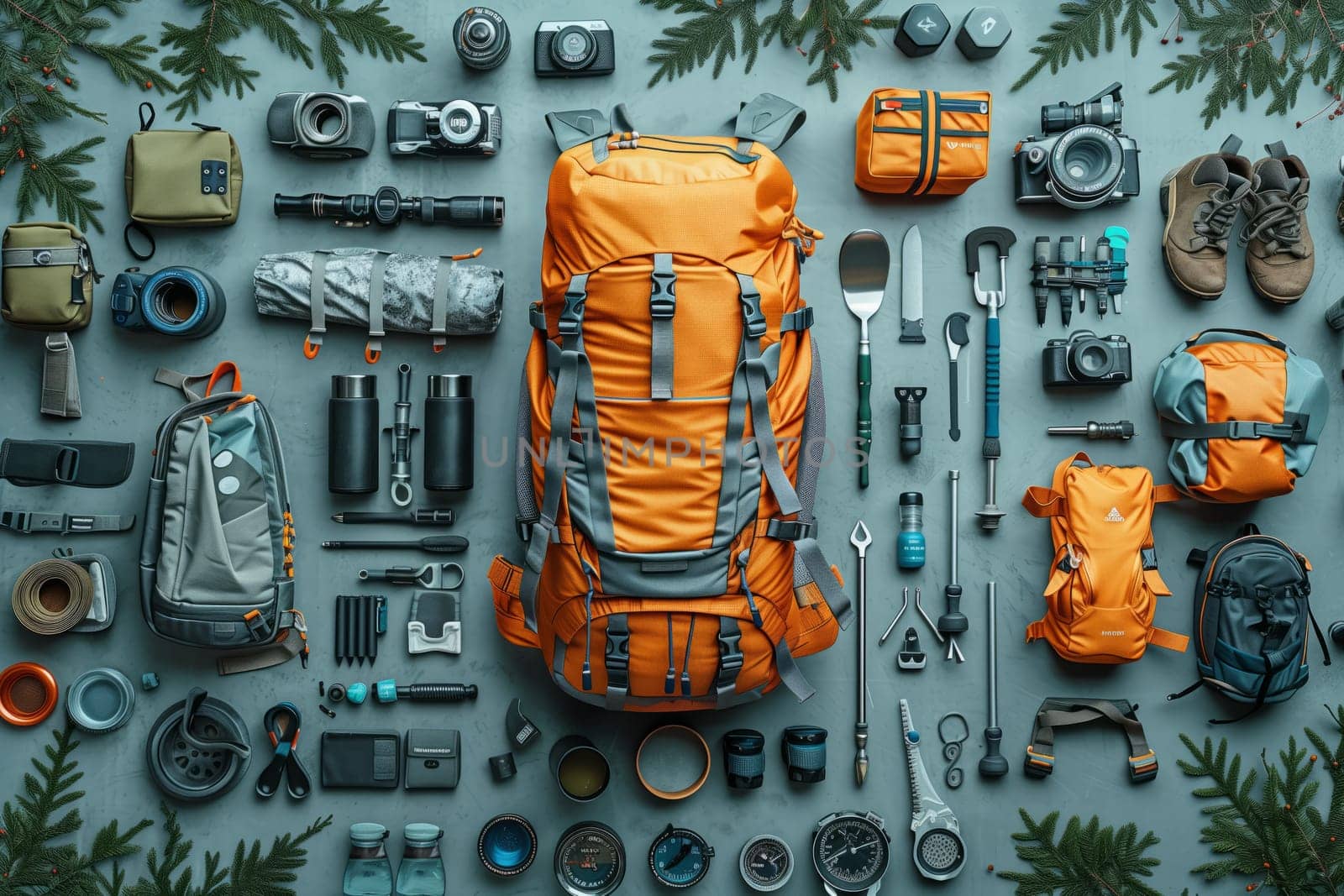 The backpack is surrounded by a plethora of camping equipment, including an organismthemed font art pattern, service for automotive tires, historical rock carvings, and metal tools