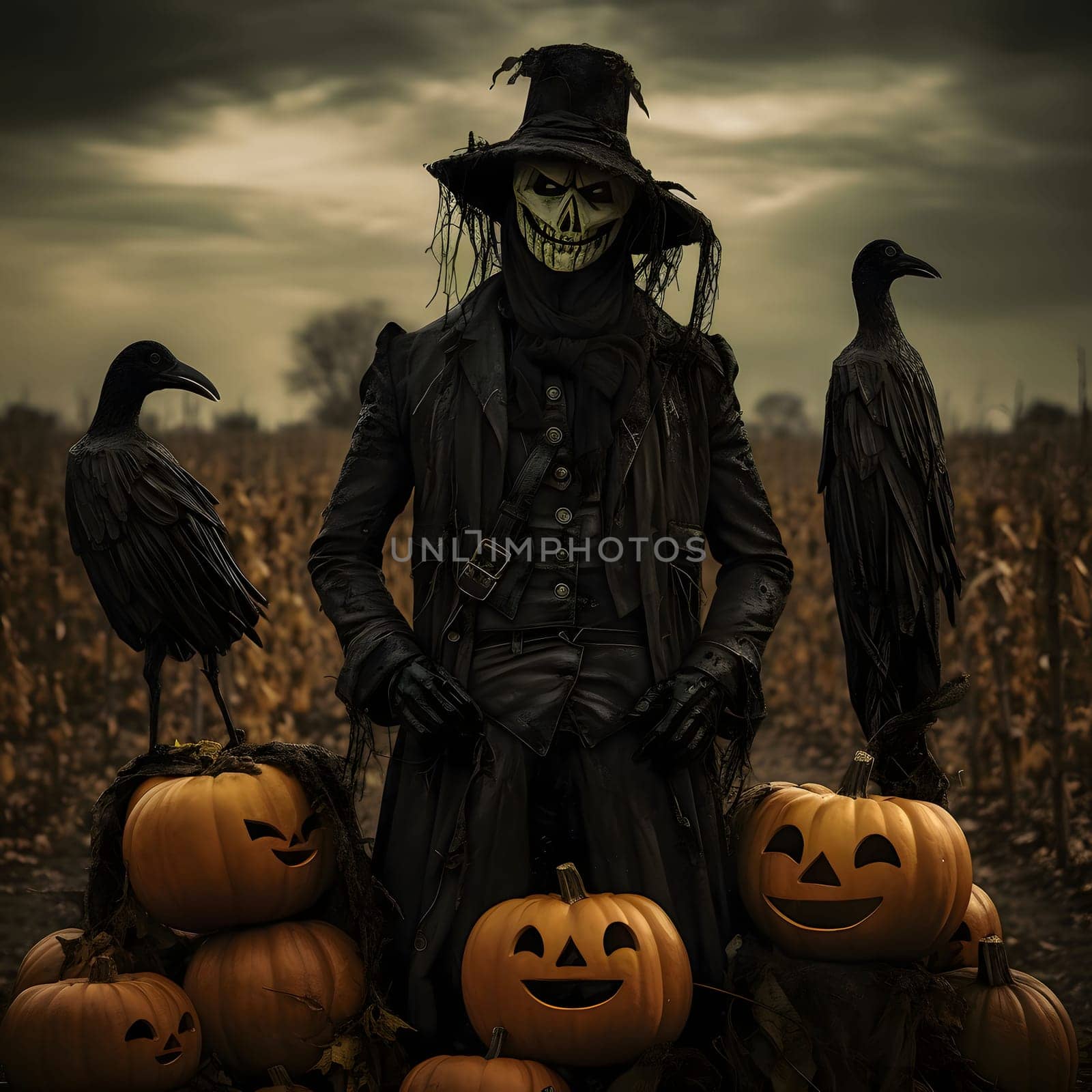A dark scarecrow, two ravens and laughing jack-o-lantern pumpkins on a field, a Halloween image. Atmosphere of darkness and fear.