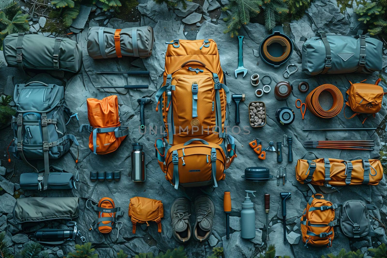 An electric blue backpack stands amidst an array of camping gear. The symmetry of the surrounding items creates a visually appealing pattern, resembling a piece of art