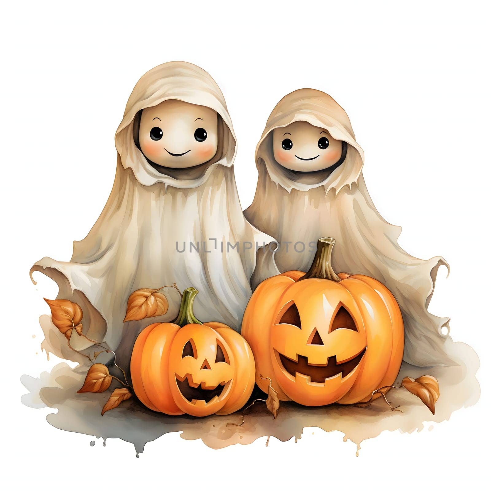 Two smiling ghosts and two jack-o-lantern pumpkins and leaves, Halloween image on a white isolated background. by ThemesS