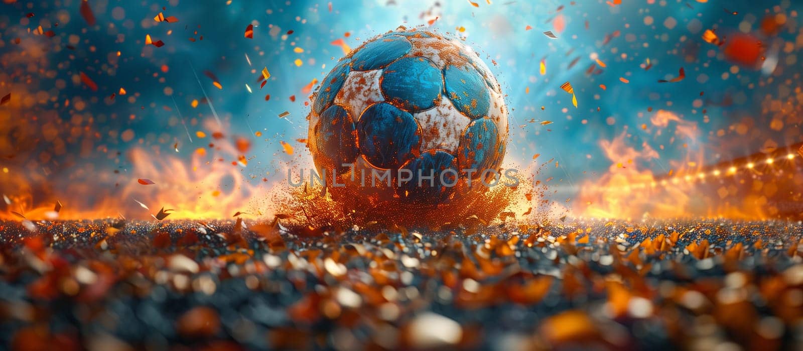 A football is soaring across the soccer field, capturing a thrilling moment in the beautiful art of sports. The crowd is cheering, enjoying the entertainment and symmetry of the event