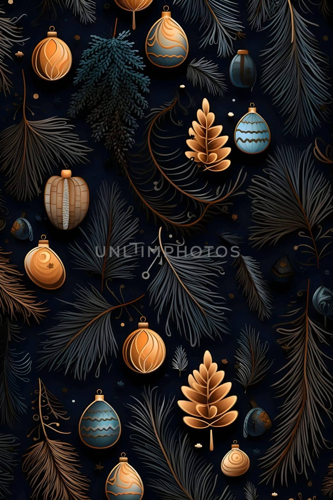 Elegant and modern. Baubles and spruce branches as abstract background, wallpaper, banner, texture design with pattern - vector. Dark colors.