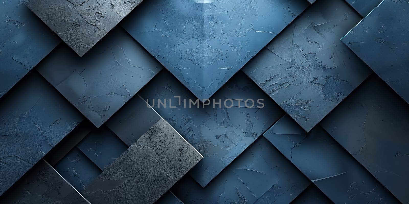 A close up of a geometric pattern in shades of electric blue on a grey wall, featuring triangular symmetry. The pattern resembles wood flooring with hints of metal accents