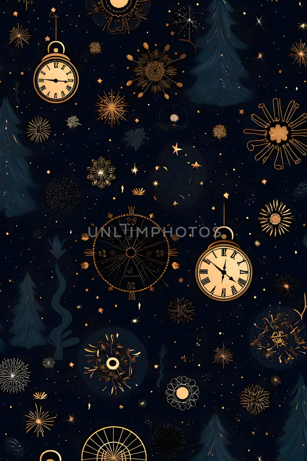Elegant and modern. Clock faces and Christmas tree plants. as abstract background, wallpaper, banner, texture design with pattern - vector. Dark colors.