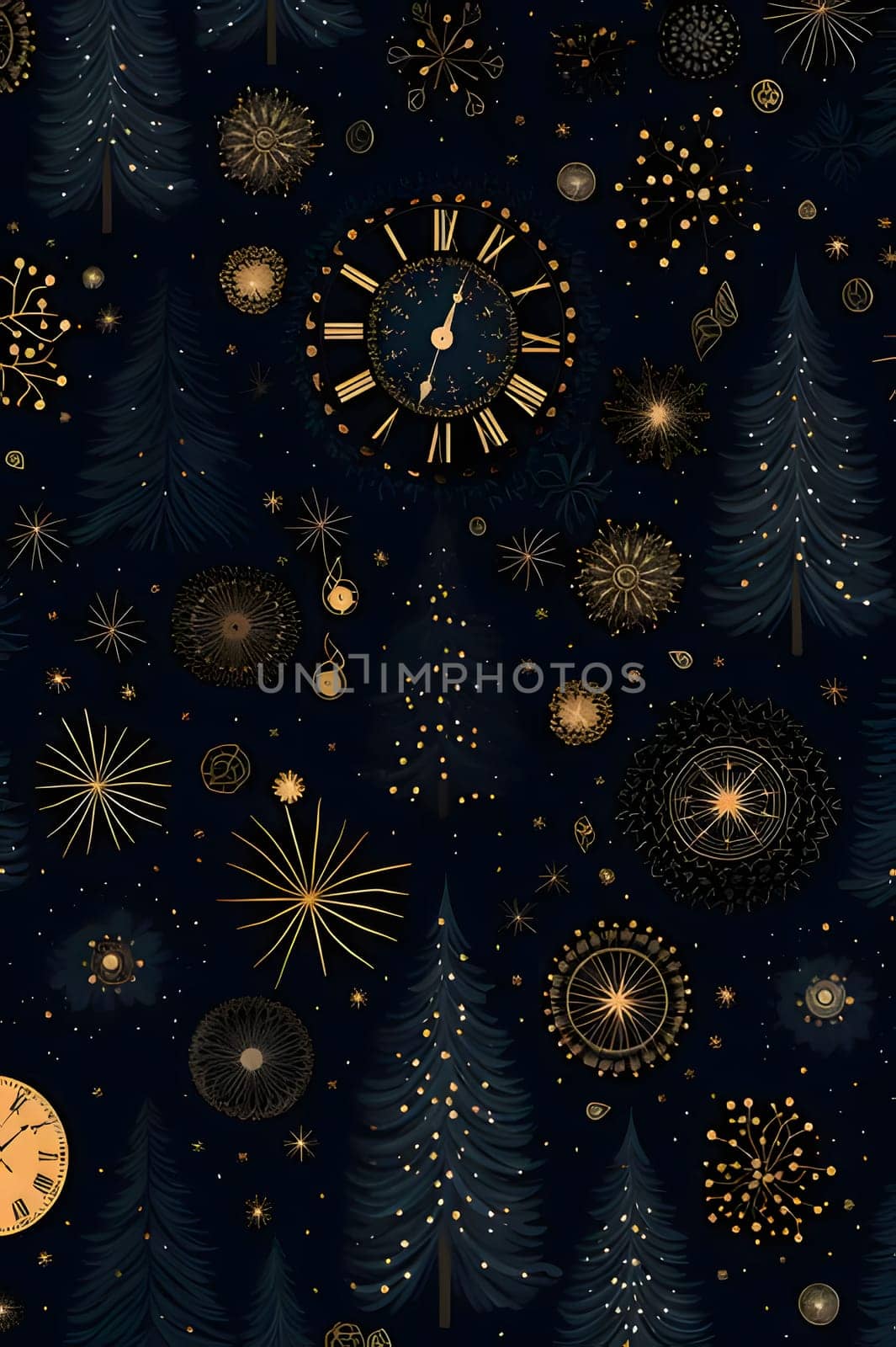 Elegant and modern. Clock faces and Christmas tree plants. as abstract background, wallpaper, banner, texture design with pattern - vector. Dark colors.