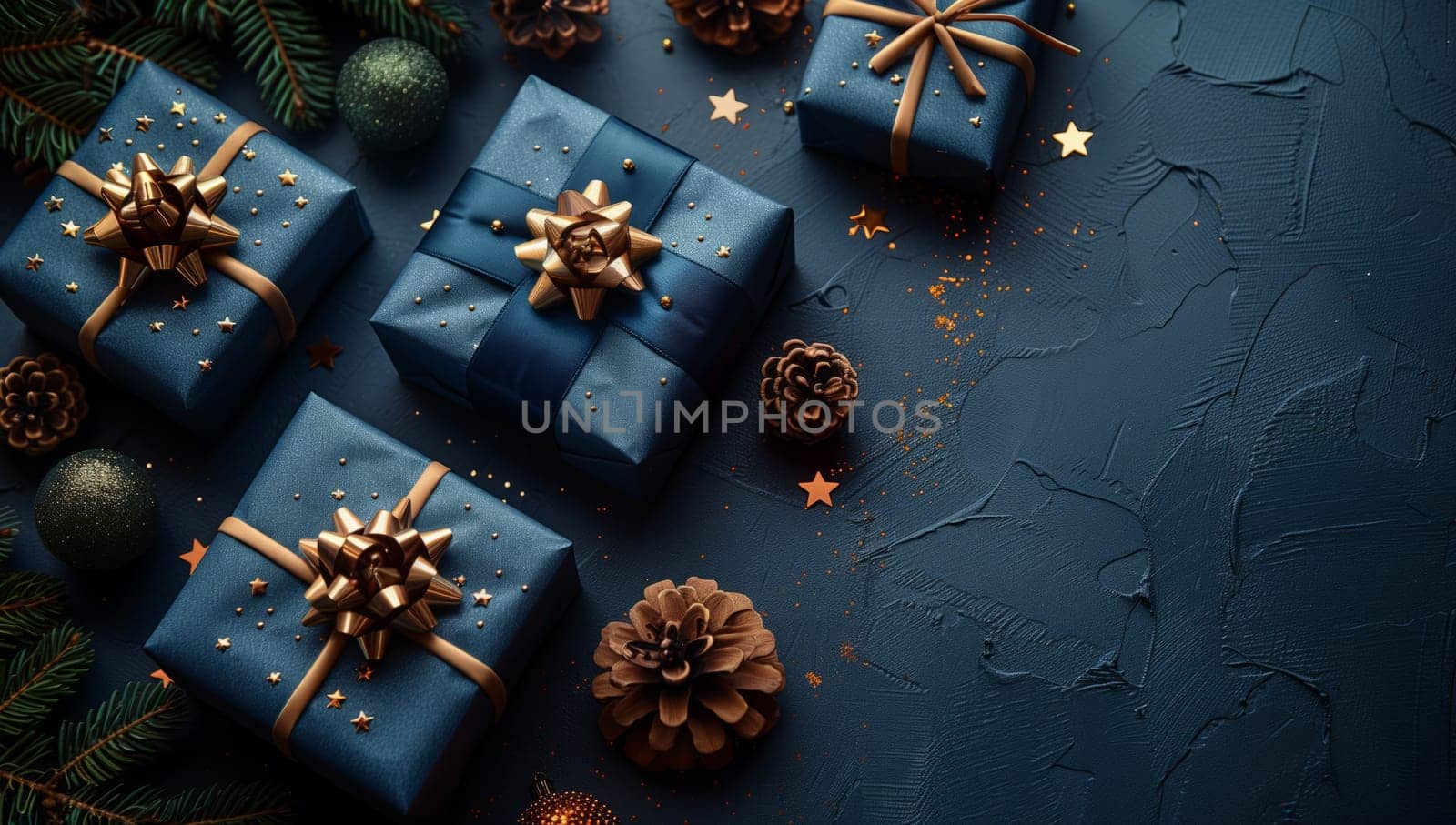 A collection of electric blue gifts with gold bows on a dark blue backdrop by richwolf