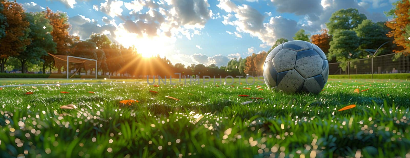The lush green field is adorned with a soccer ball, creating a beautiful natural landscape. The sky is clear with a few fluffy clouds, perfect for a game of soccer
