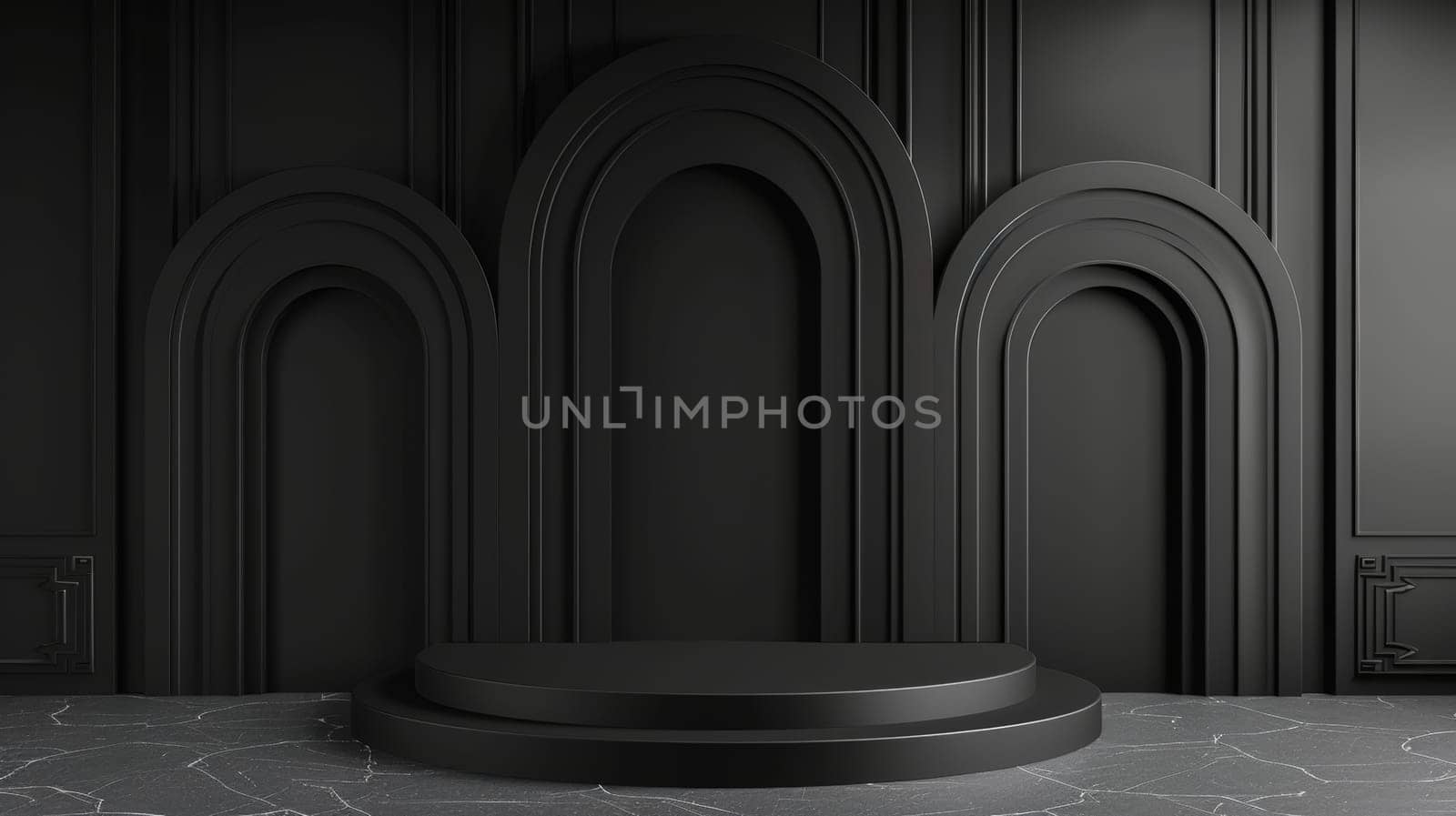 Black room with round podium and luxury arch.