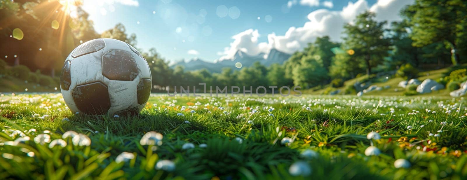 A soccer ball rests on the lush green grass of a natural landscape, surrounded by terrestrial plants and trees under a cloudy sky