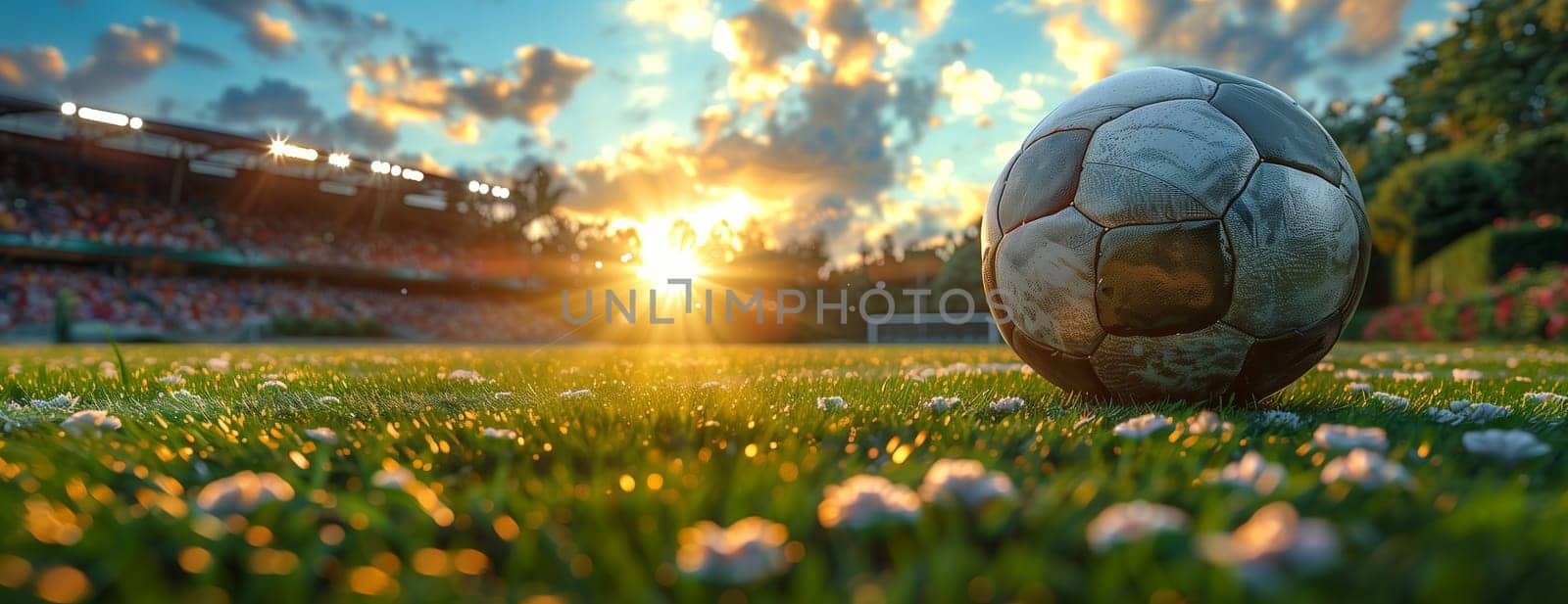 A soccer ball rests peacefully in the grass of a sunny meadow, under a clear sky with fluffy clouds, creating a beautiful natural landscape