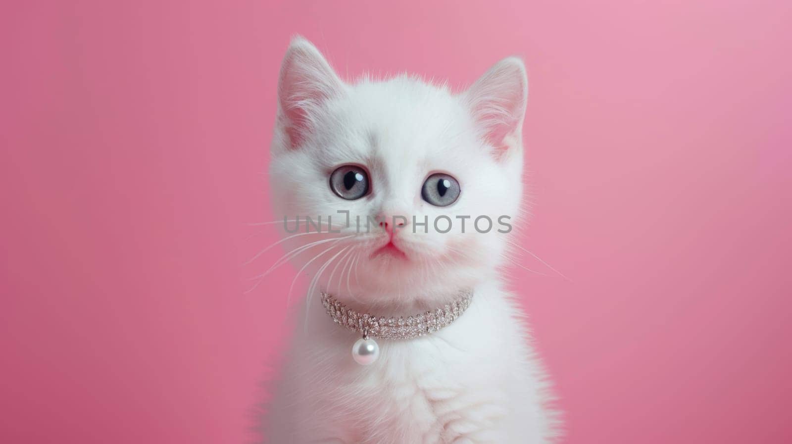 White cat wearing pearl necklace on pink background.