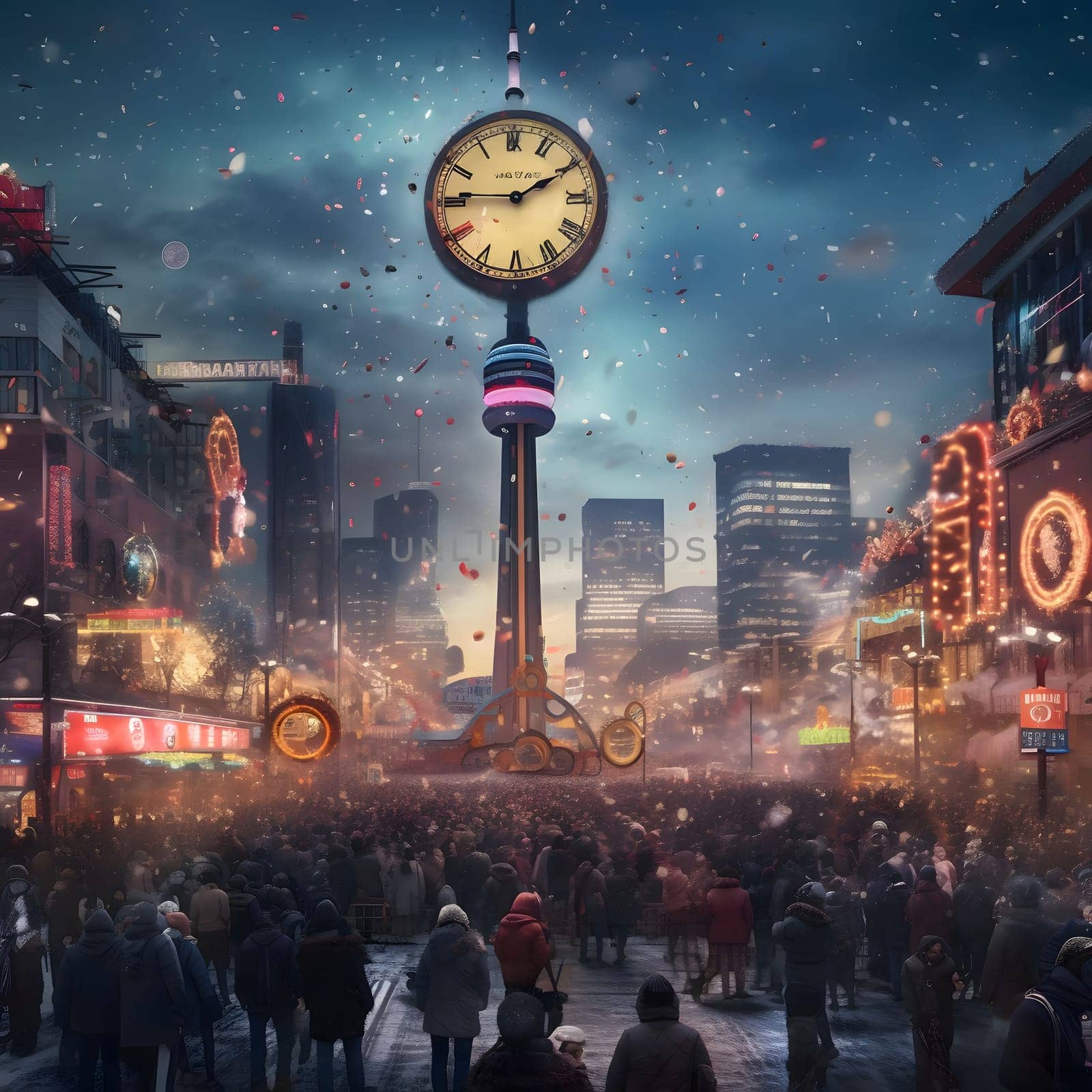 Winter illustration of a gathering of people and a tall clock in the middle measuring the time until the new year. New Year's celebrations. A time of celebration and resolutions.