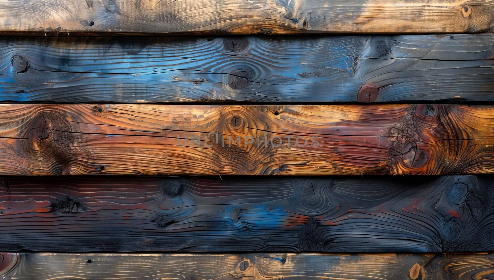A detailed shot of a hardwood wall constructed with wooden planks, featuring a beautiful wood stain in an electric blue color, creating a unique pattern reminiscent of automotive exterior design