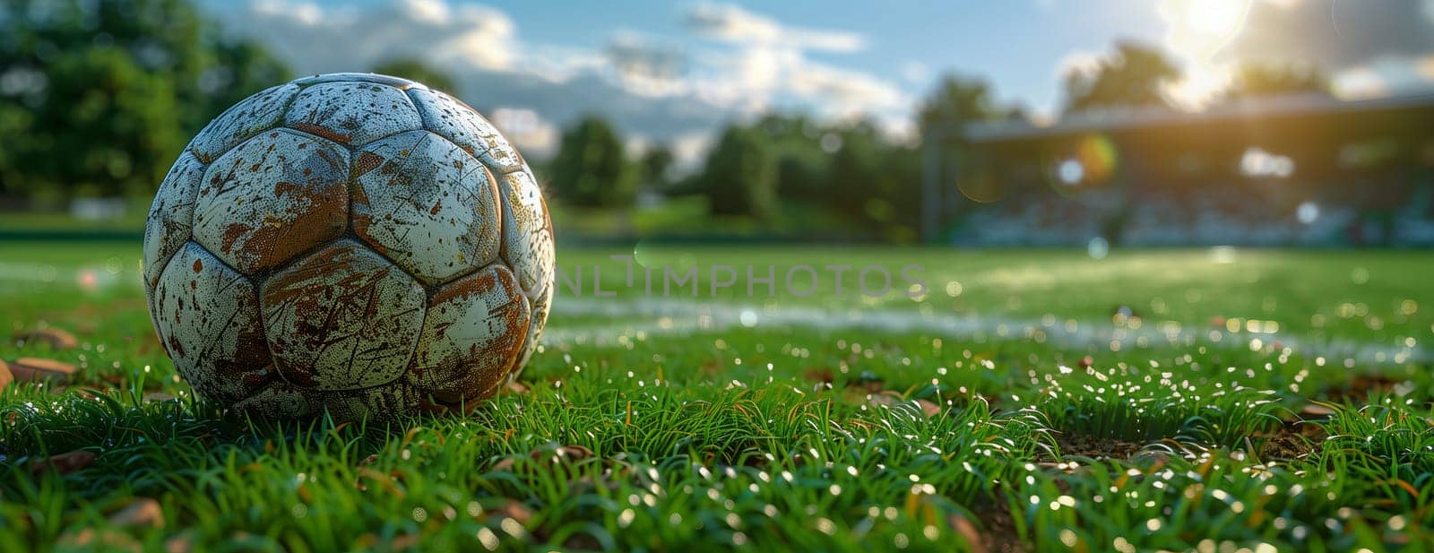 A ball is resting on lush green grass in a natural landscape under a cloudy sky by richwolf