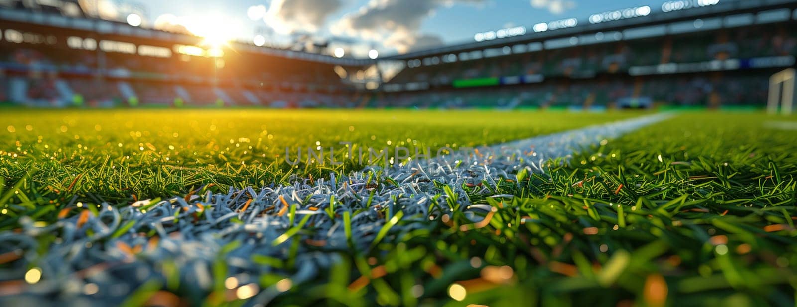 A close up of a grassland soccer field with the sun shining through the clouds, creating a picturesque natural landscape