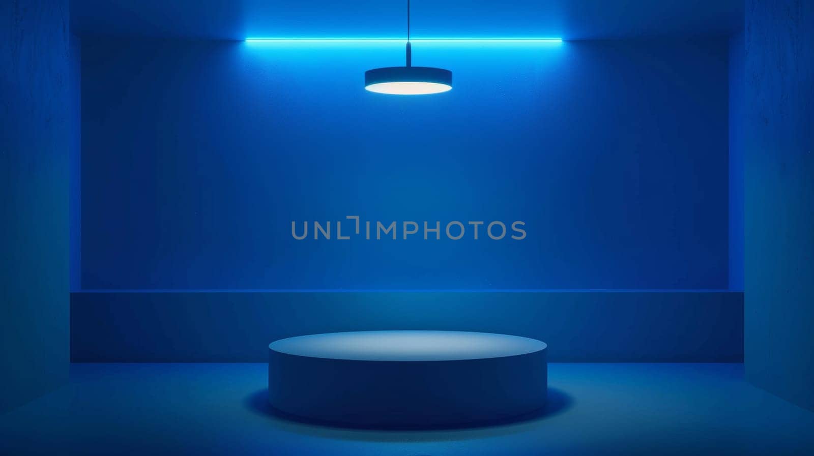 Blue room with round podium with hanging neon lamp.