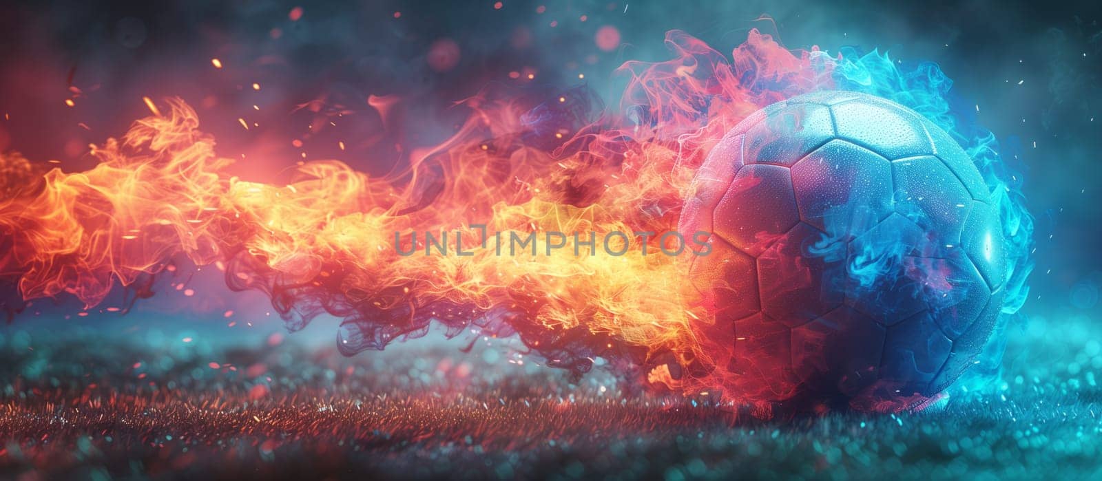Soccer ball engulfed in flames on field, creating a fiery atmosphere by richwolf