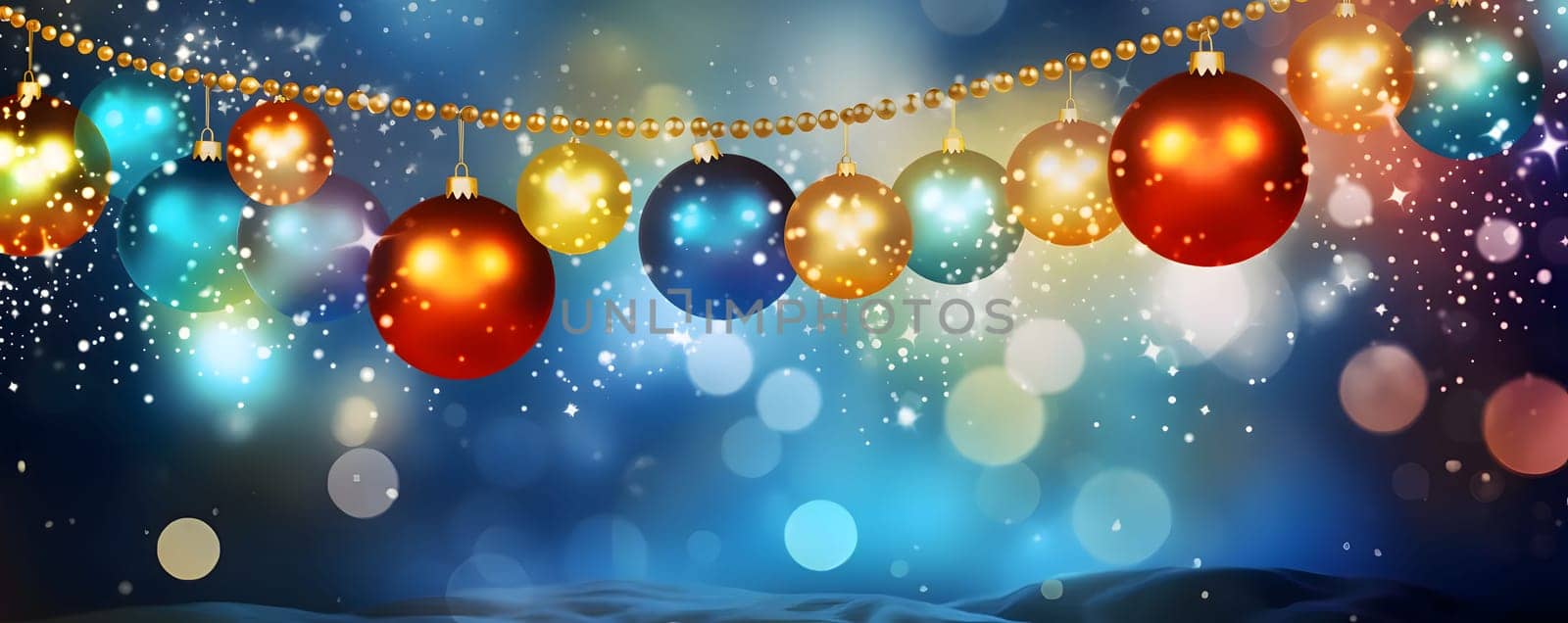 Hanging on gold strings, colorful baubles, banner with space for your own content. Blue background color. by ThemesS