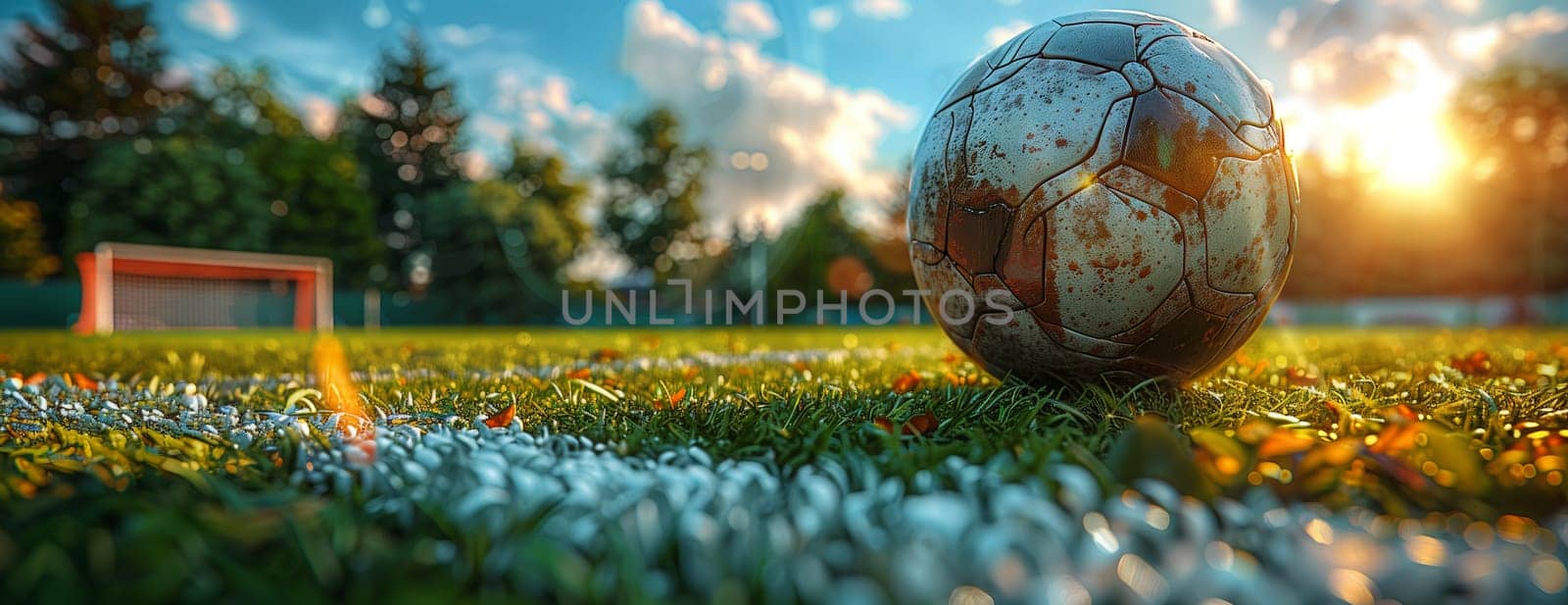A soccer ball rests on the lush grass of a soccer field, blending into the natural landscape as people engage in leisure and fun playing sports
