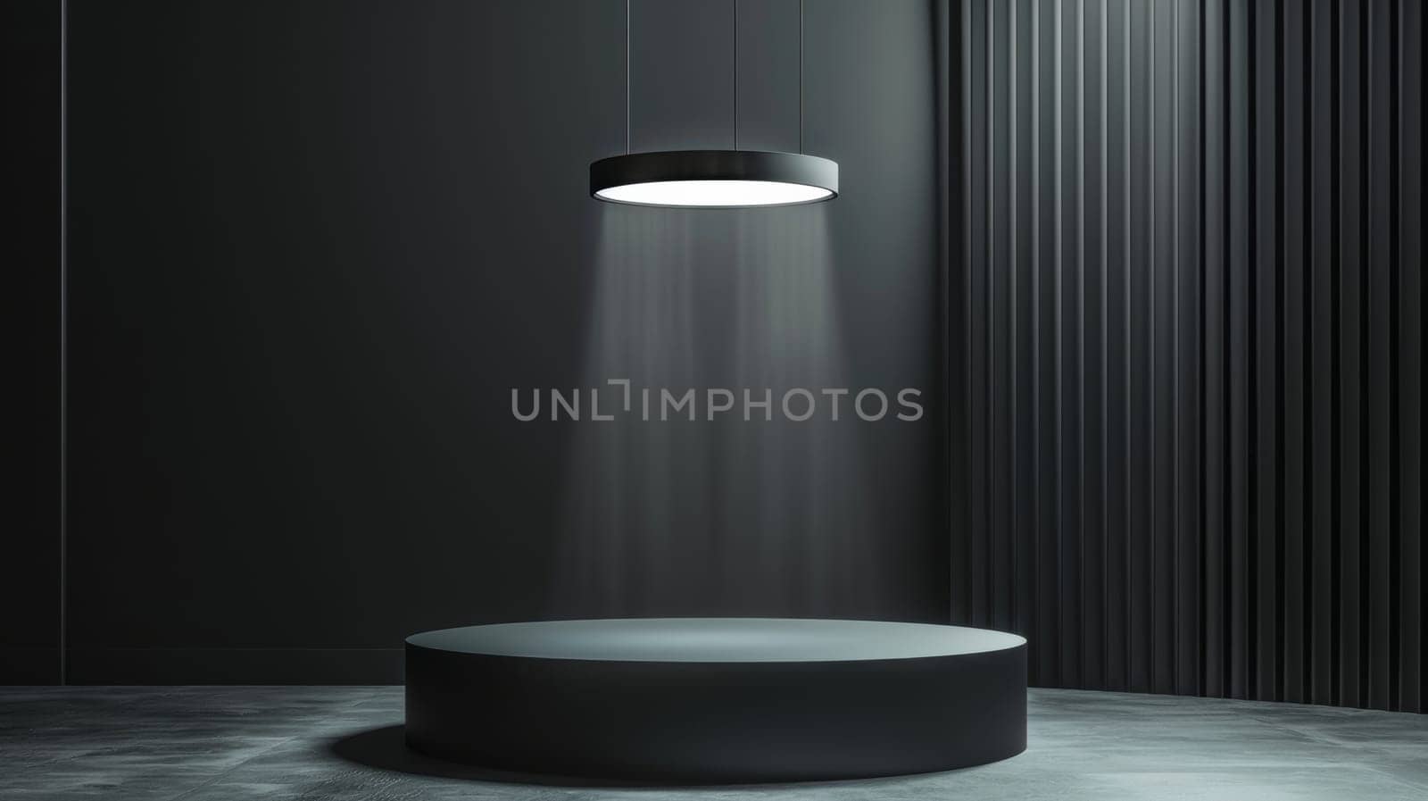 Round black podium with neon light.