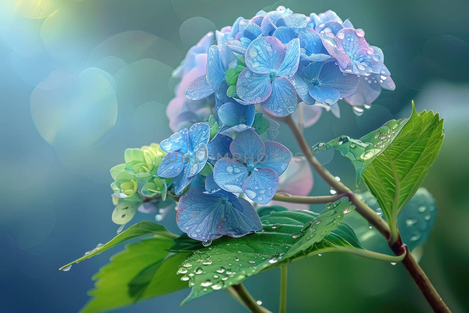 Close up view. Beautiful colors Hydrangea isolated with drops of water on the petals. by Chawagen