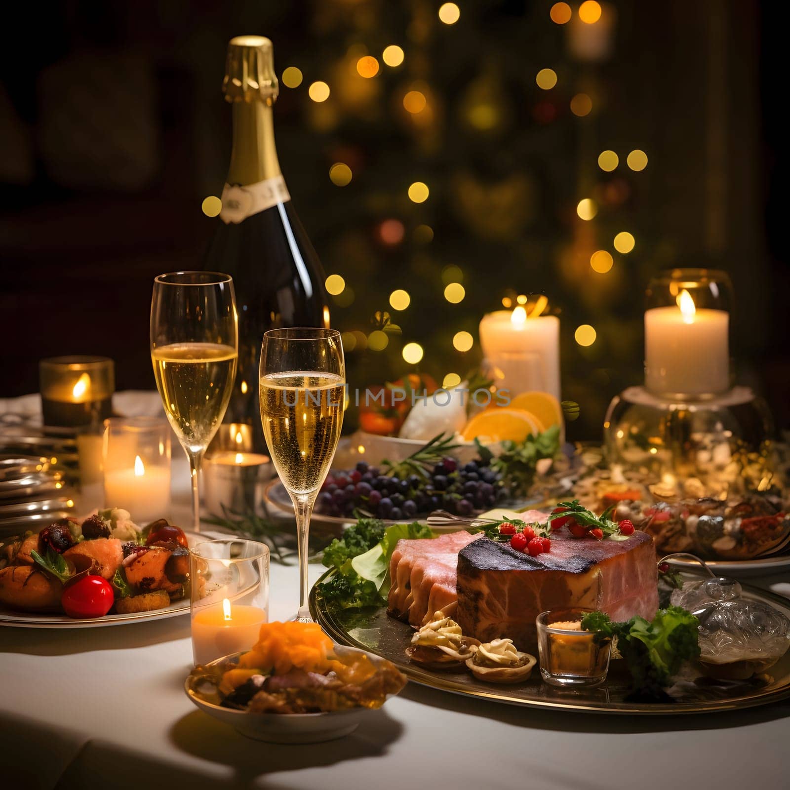 A richly set table, for a New Year's party: plates, glasses, champagne, candles, with a blurry bokeh effect in the background. New Year's celebrations. A time of celebration and resolutions.