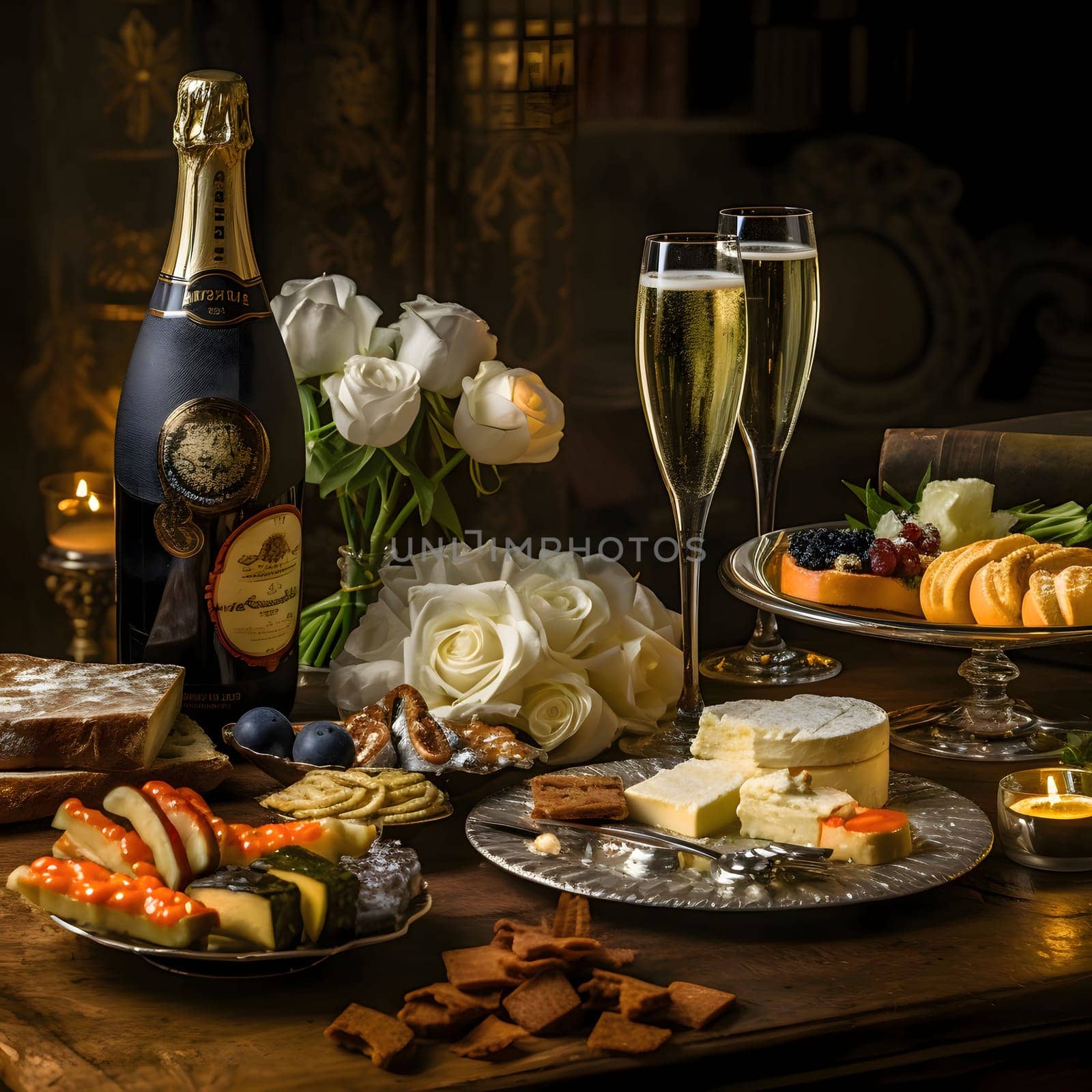 A richly set table, for a New Year's party: plates, glasses, champagne, candles, with a blurry bokeh effect in the background. New Year's celebrations. A time of celebration and resolutions.