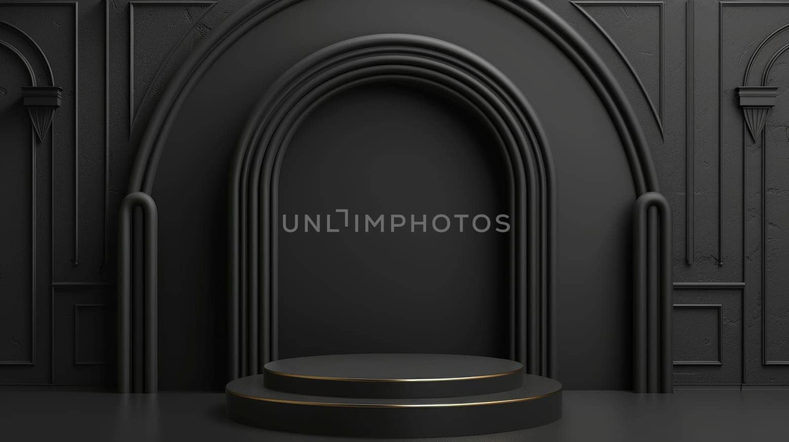 Black room with stand podium with luxury arch.