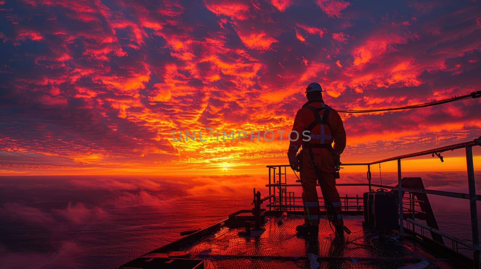 A silhouette of Engineer against a vibrant orange sunset, perched high a top-half oil rig