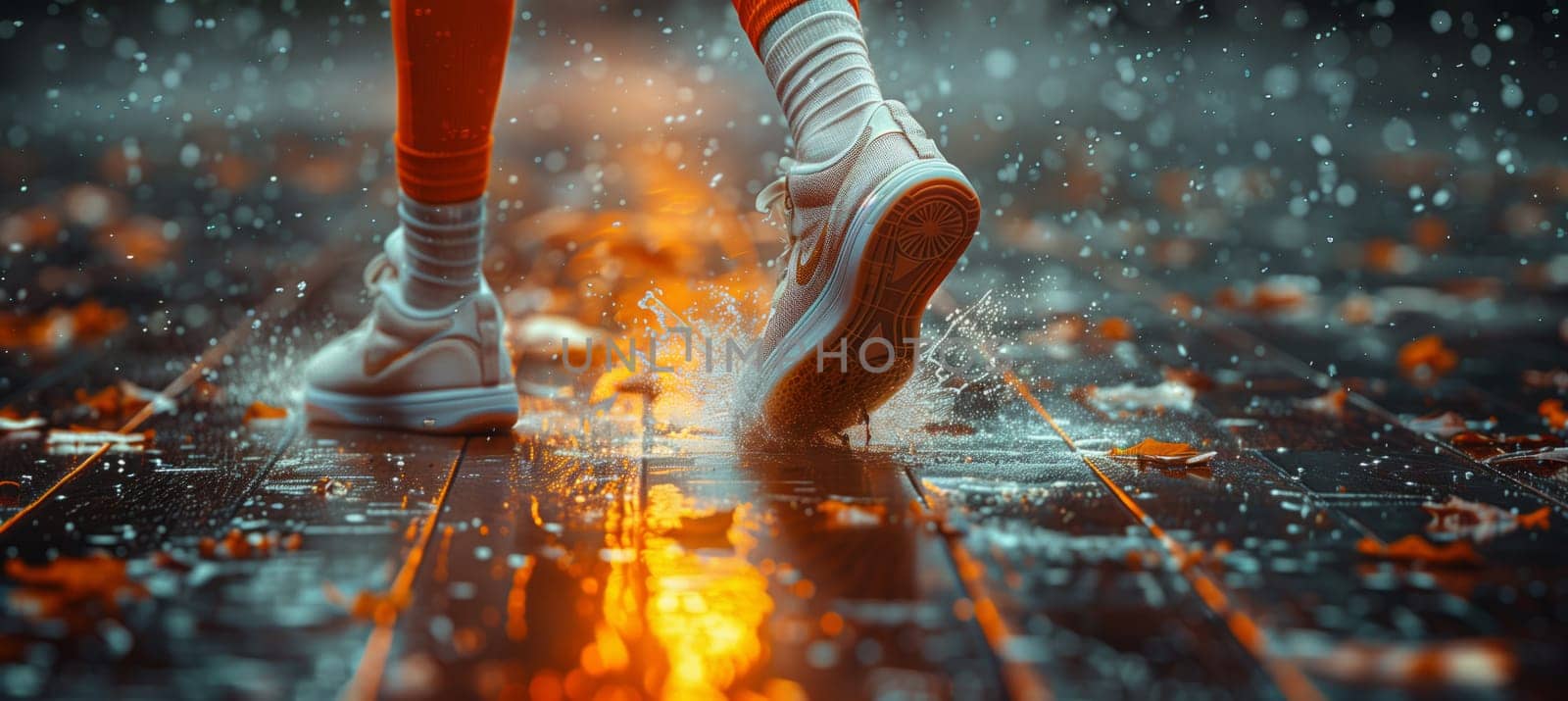 A persons warm human leg sinks into the puddle of polluted water, sending smoke rising from the heat reacting with the asphalt beneath their foot