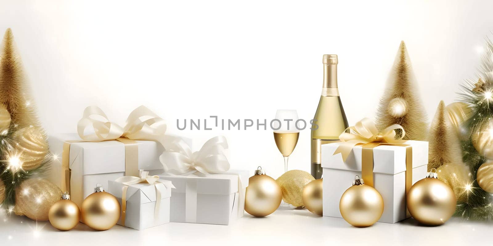 Christmas trees with gold baubles, gifts with gold bows, champagne bottle and glass. Bright background, banner with space for your own content. Blank space for the inscription.