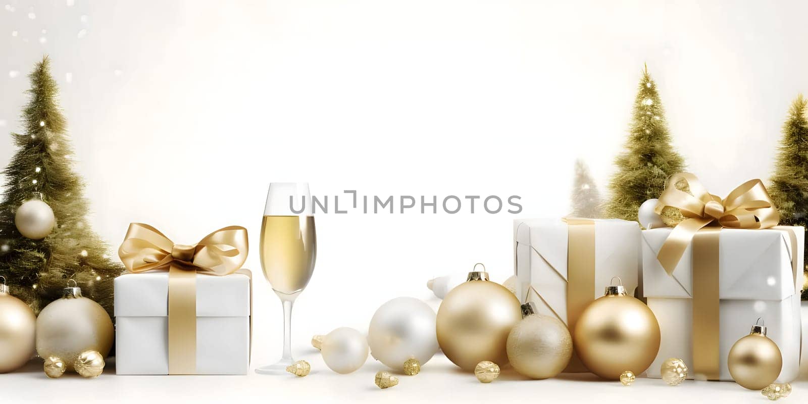 Christmas trees with gold baubles, gifts with gold bows, champagne bottle and glass. Bright background, banner with space for your own content. Blank space for the inscription.