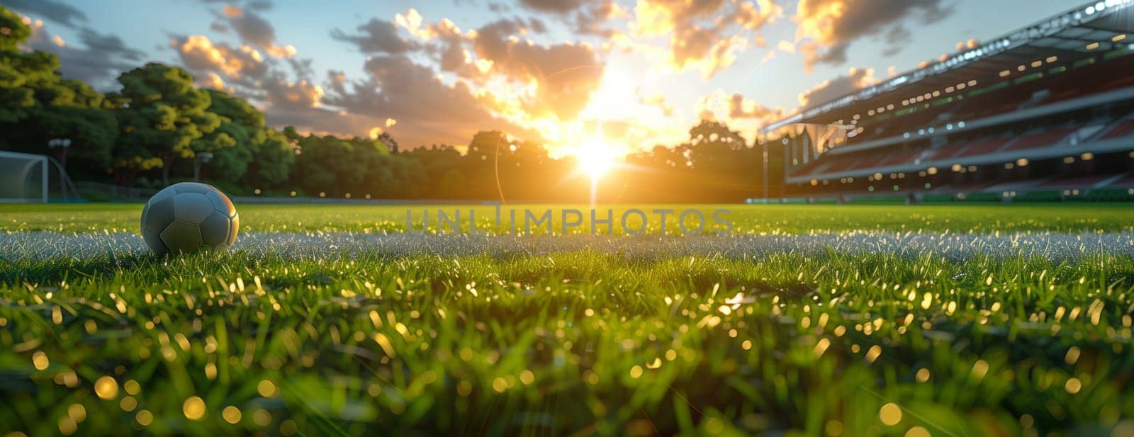 The sun sets over the natural landscape of a soccer field, with a soccer ball in the foreground, under a sky filled with clouds and a horizon of grass and terrestrial plants