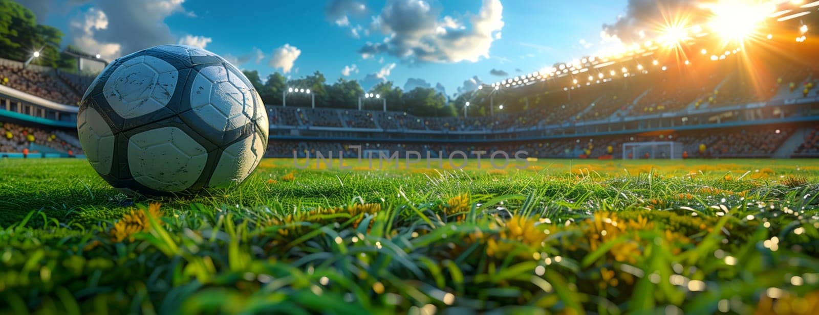 A sports equipment, soccer ball, is resting on the grass of a soccer field, surrounded by a beautiful natural landscape of meadows and skies