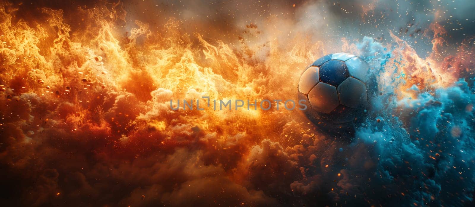 The soccer ball is engulfed in flames and smoke against the backdrop of a fiery sky. The intense heat creates a mesmerizing yet dangerous scene