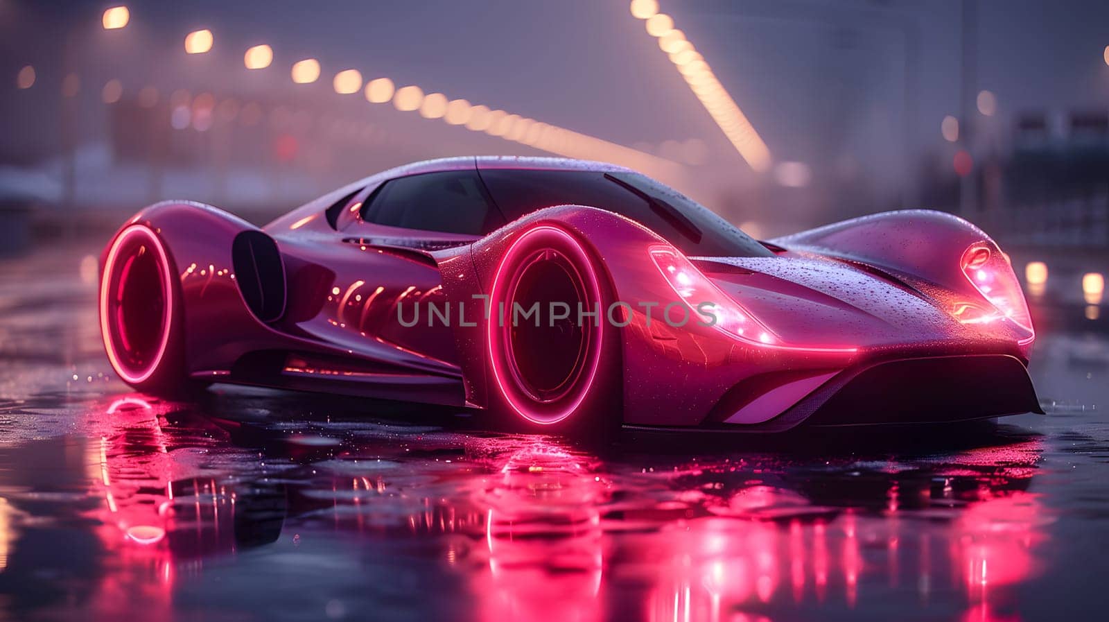 A magenta classic car equipped with futuristic automotive lighting is driving along a wet street at night, showcasing innovative automotive design