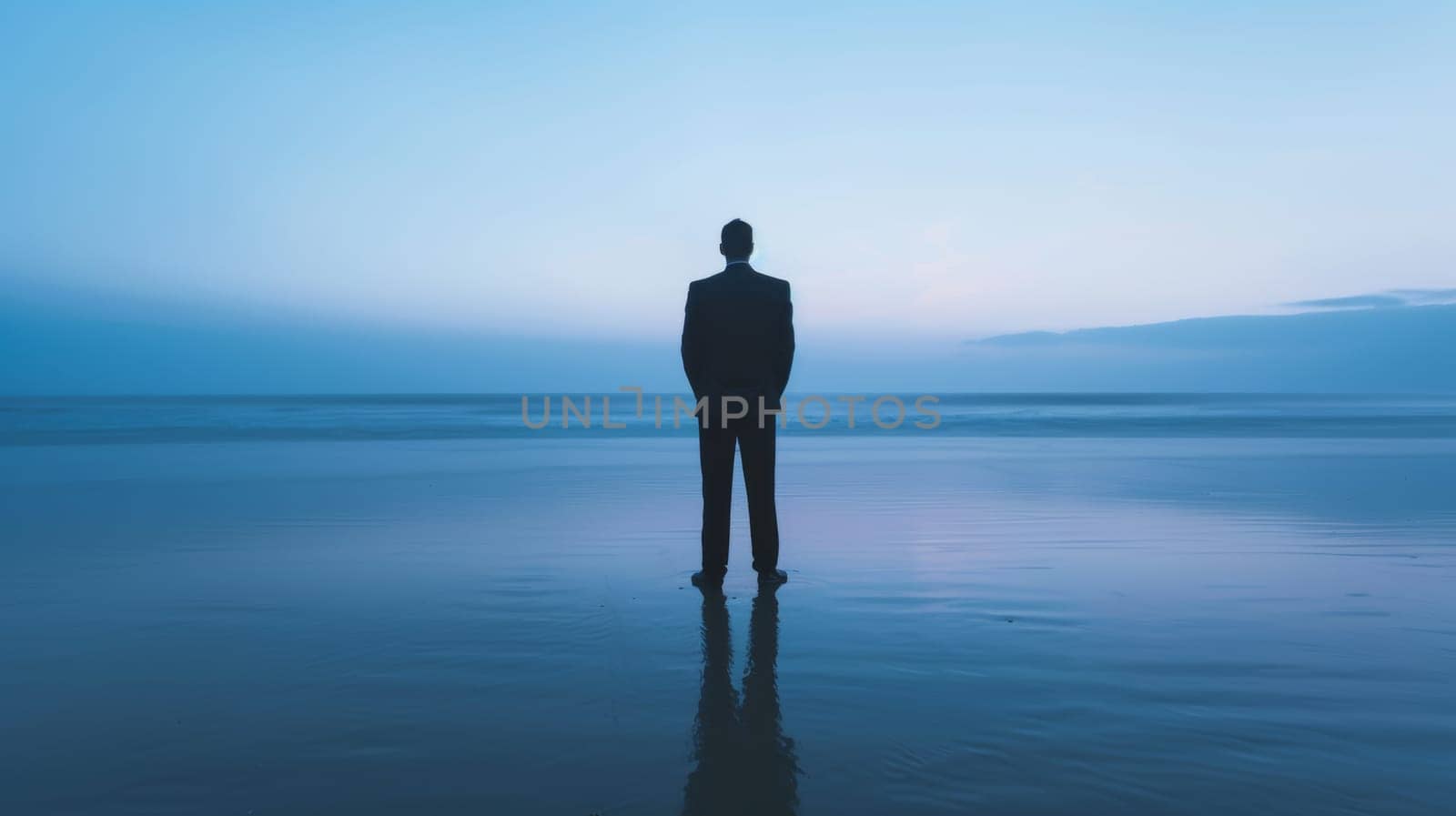 Man standing on beach, looking at ocean.