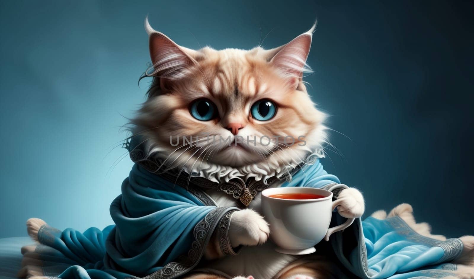 the cat lies in bed under a blanket and drinks hot tea .