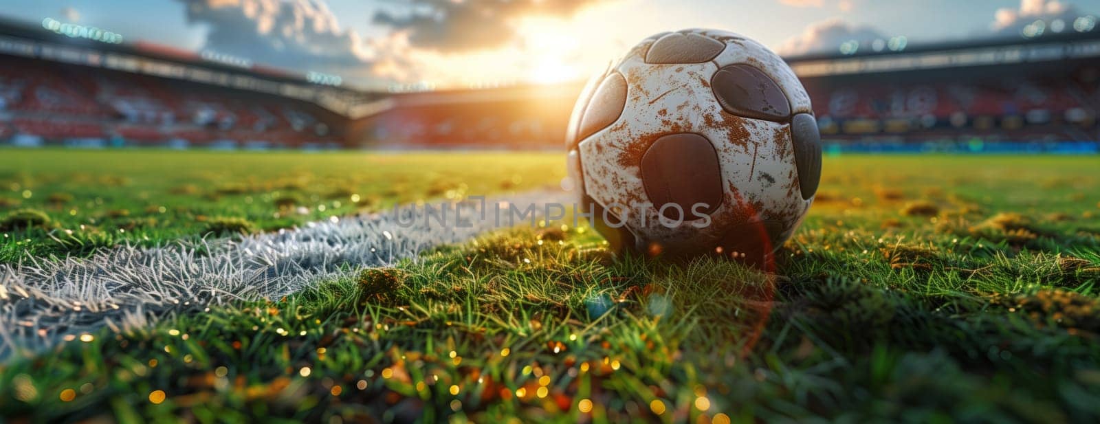 A soccer ball rests peacefully on the lush green grass of a soccer field, blending beautifully with the natural landscape and surroundings