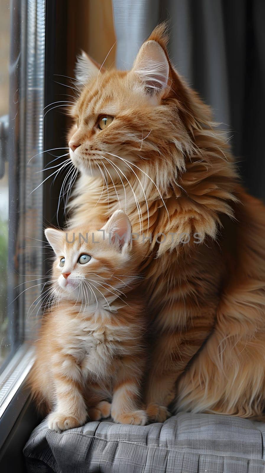 A domestic shorthaired cat and a kitten, both belonging to the Felidae family of small to mediumsized cats, are gazing out of a window with their whiskers twitching